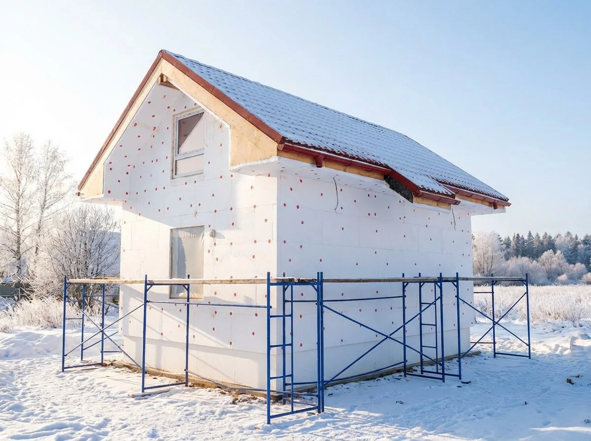 Утепление дома экструдированным пенополистиролом. Изображение создано с помощью ИИ. Утепление дома экструдированным пенополистиролом. Изображение создано с помощью ИИ.