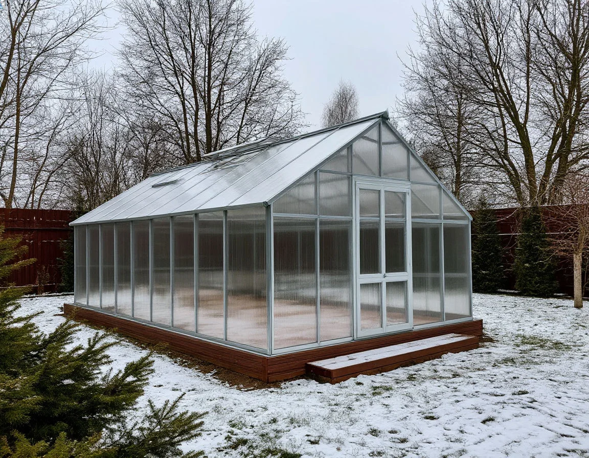 Теплица из поликарбоната. Изображение создано с помощью ИИ. Теплица из поликарбоната. Изображение создано с помощью ИИ.